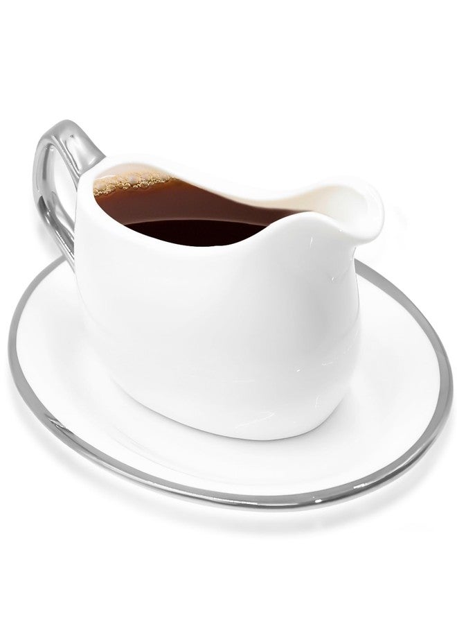 Nexboraque 14 oz Gravy Boat with Tray and Trim, Ceramic Sauce Boat with Silver Trim Ergonomic Handle and Dripless Lip Spout for Salad Dressings - Image 1