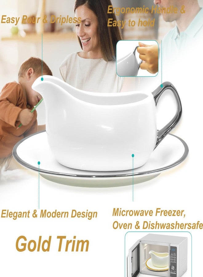 Nexboraque 14 oz Gravy Boat with Tray and Trim, Ceramic Sauce Boat with Silver Trim Ergonomic Handle and Dripless Lip Spout for Salad Dressings - Image 3