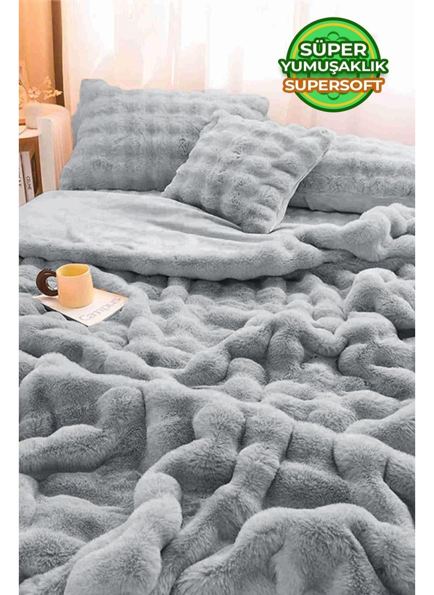 Evlen Home Collection Fur Bedspread Double Filled Plush Soft Double Sided Quilt 3 Piece Loria Gray  - Image 1