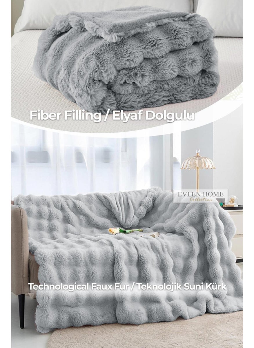 Evlen Home Collection Fur Bedspread Double Filled Plush Soft Double Sided Quilt 3 Piece Loria Gray  - Image 5