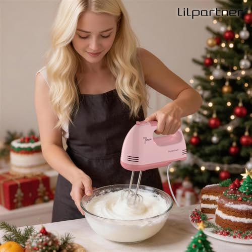 LILPARTNER Hand Mixer Electric, Ultra Power Kitchen Hand Mixer With 7-Speed & 5 Stainless Steel Accessories for Whipping Dough, Cream, Cake, Dishwasher Safe, Pink - Image 5