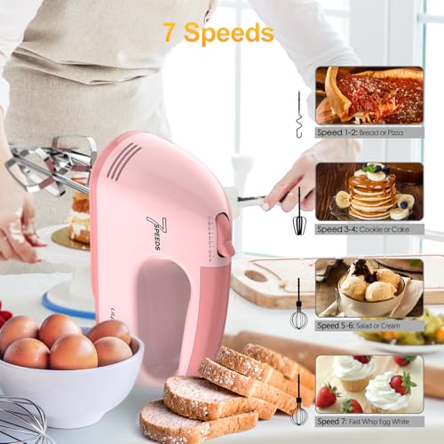 LILPARTNER Hand Mixer Electric, Ultra Power Kitchen Hand Mixer With 7-Speed & 5 Stainless Steel Accessories for Whipping Dough, Cream, Cake, Dishwasher Safe, Pink - Image 2