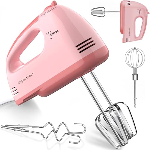 LILPARTNER Hand Mixer Electric, Ultra Power Kitchen Hand Mixer With 7-Speed & 5 Stainless Steel Accessories for Whipping Dough, Cream, Cake, Dishwasher Safe, Pink - Image 1