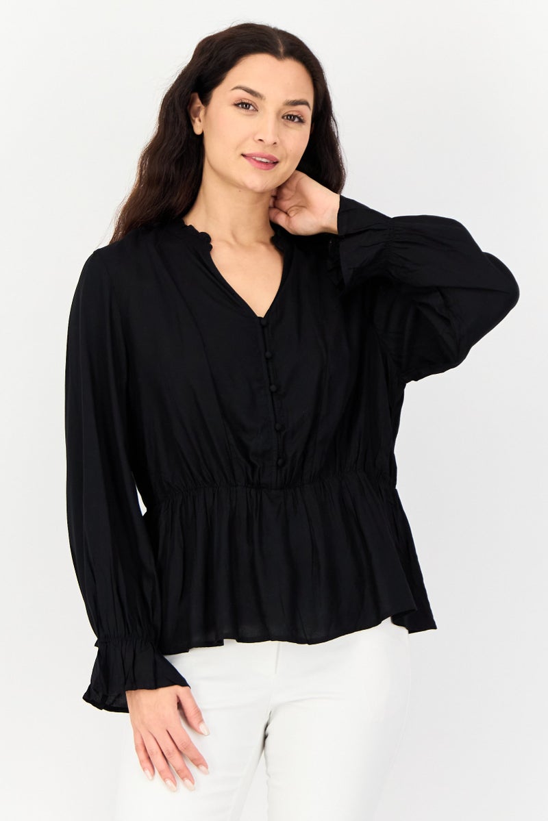 Fire & Glory Women V Neck Long Sleeve Solid Blouse, Black - Image 1