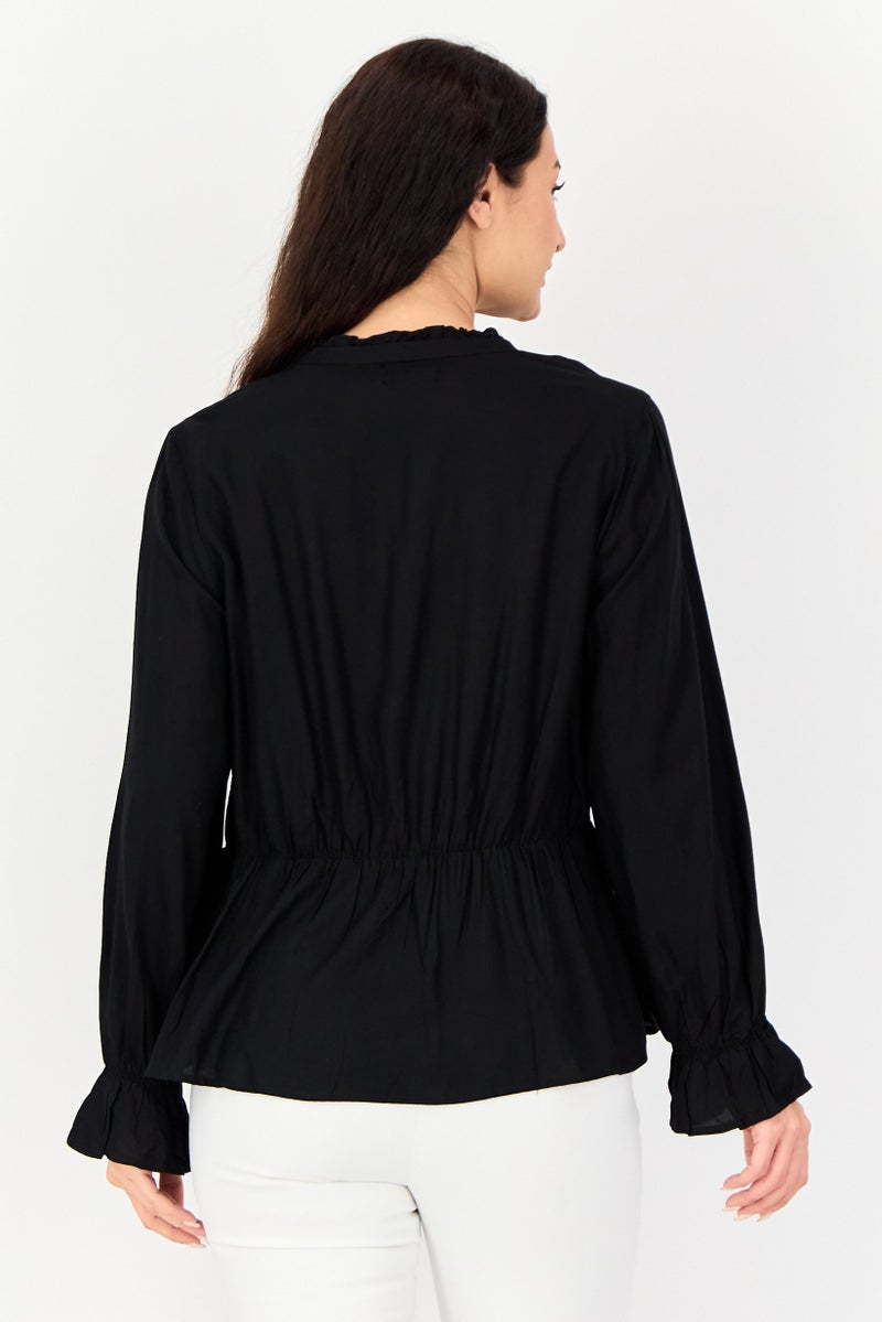 Fire & Glory Women V Neck Long Sleeve Solid Blouse, Black - Image 3