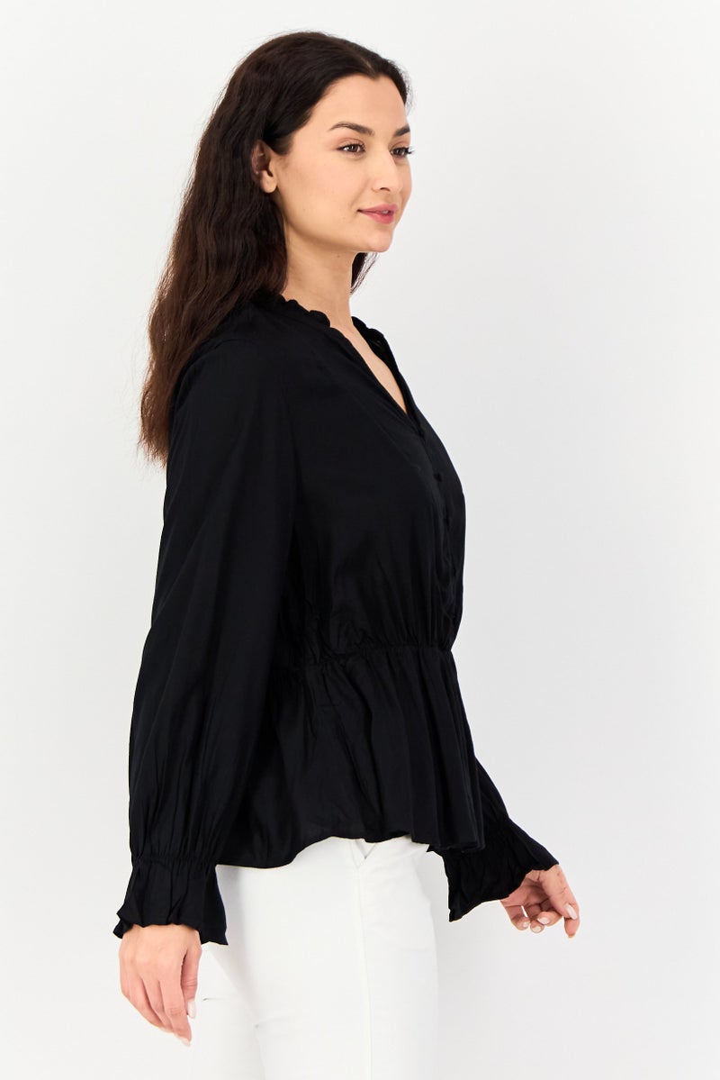 Fire & Glory Women V Neck Long Sleeve Solid Blouse, Black - Image 2