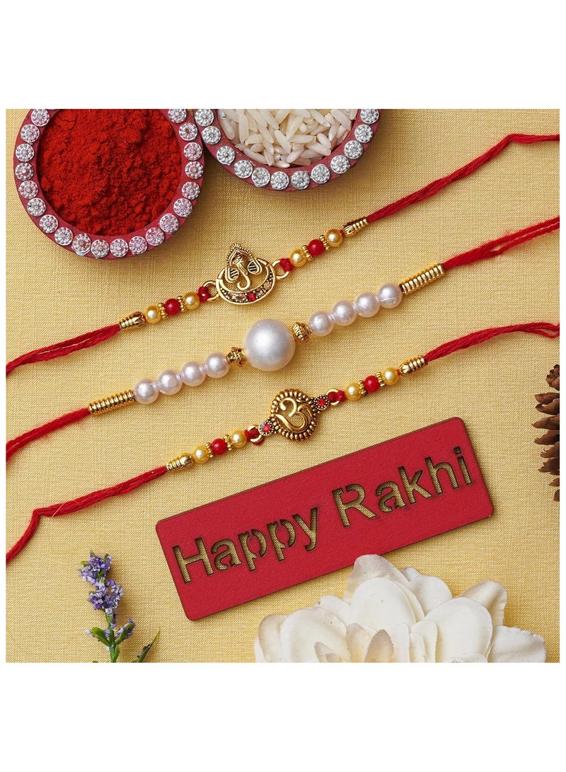 كرافت مجموعة من 3 لآلئ ذهبية وحمراء وبيضاء من eCraftIndia، رمز أوم، راكهي دينية مصممة للرب غانيشا، راكهي خشبية مقطوعة مع عبوة رولي تشاوال - راكهي للأخ، أخي، أخي - Image 2