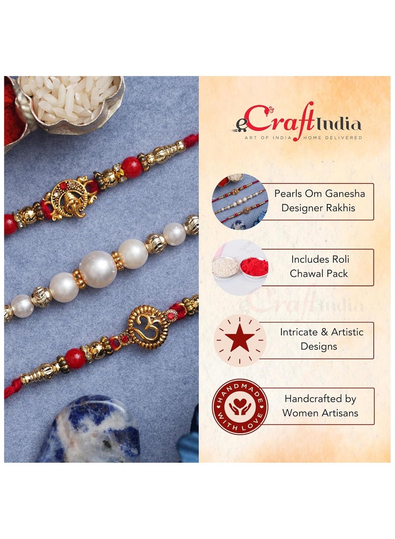 كرافت مجموعة من 3 لآلئ ذهبية وحمراء وبيضاء من eCraftIndia، رمز أوم، راكهي دينية مصممة للرب غانيشا، راكهي خشبية مقطوعة مع عبوة رولي تشاوال - راكهي للأخ، أخي، أخي - Image 4