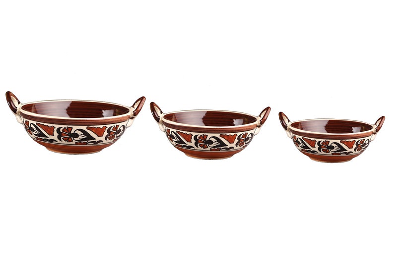 Caffeine Ceramic Handmade Stoneware Brown Flora Serving kadhai (Set of 3 Microwave & Dishwasher Safe) - Image 1