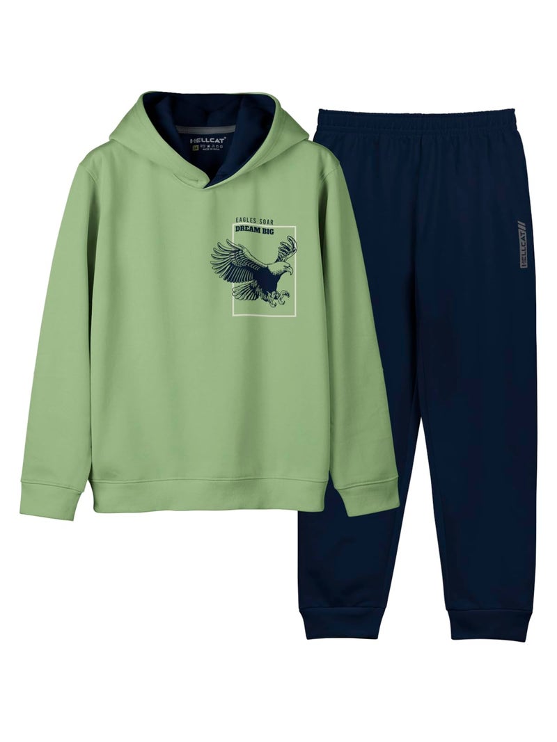 HELLCAT Trendy Printed Cotton Blend Full Sleeve Hoodie T-Shirt Jogger Trackpant Clothing Set for Girls Green/Navy 9-10 Years - Image 2