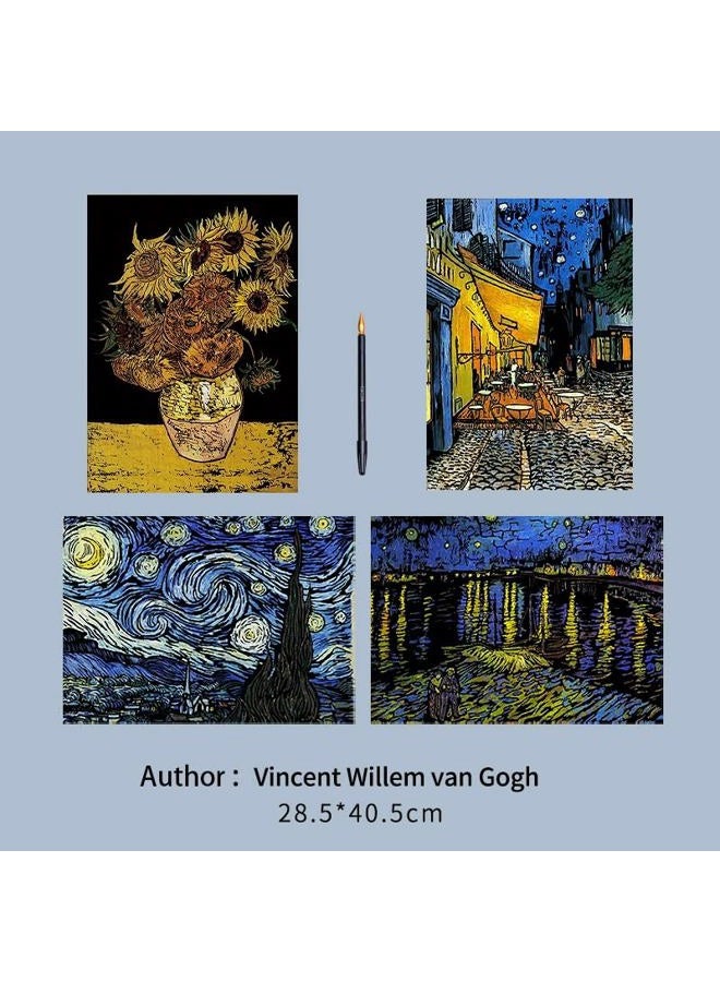 Ryoma Scratch Art Painting Scratch Paper Rainbow Painting Sketch Pads DIY Art Craft Set， 4 Pcs Vincent Van Gogh Engraving and 24Pcs Classic Landmarks and Animal Series for Kids & Adults with 3 Tools - Image 2
