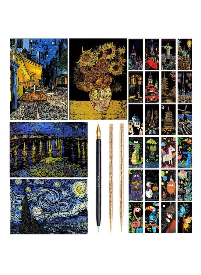 Ryoma Scratch Art Painting Scratch Paper Rainbow Painting Sketch Pads DIY Art Craft Set， 4 Pcs Vincent Van Gogh Engraving and 24Pcs Classic Landmarks and Animal Series for Kids & Adults with 3 Tools - Image 1