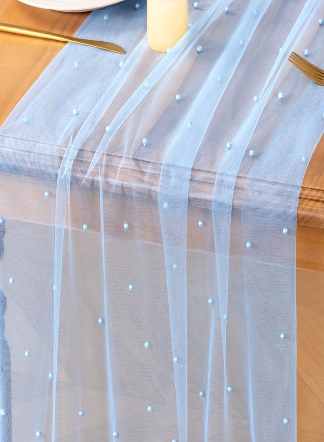 MLMC Light Blue Pearl Table Runner Boho Rustic Tulle Table Runner with Pearls 10ft 29"x120" Cheesecloth Table Decor for Baby Shower Wedding Anniversary Home Decoration - Image 1