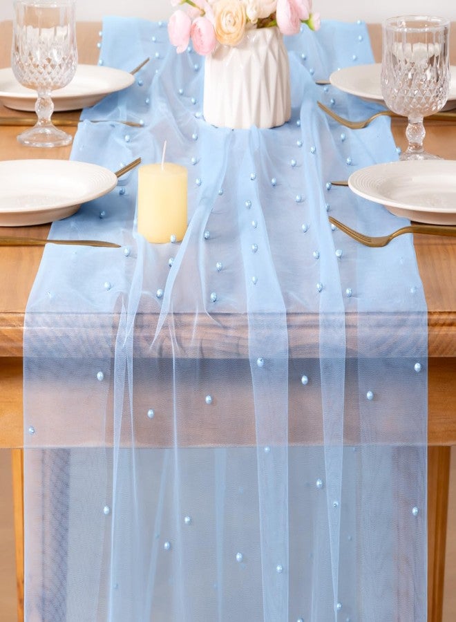 MLMC Light Blue Pearl Table Runner Boho Rustic Tulle Table Runner with Pearls 10ft 29"x120" Cheesecloth Table Decor for Baby Shower Wedding Anniversary Home Decoration - Image 2