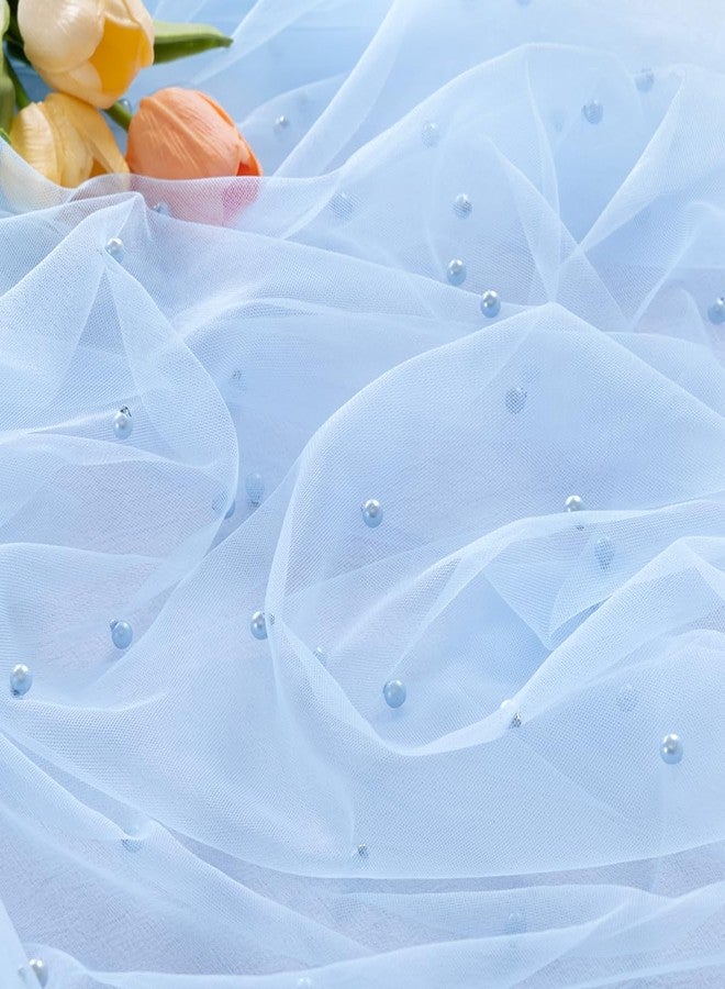 MLMC Light Blue Pearl Table Runner Boho Rustic Tulle Table Runner with Pearls 10ft 29"x120" Cheesecloth Table Decor for Baby Shower Wedding Anniversary Home Decoration - Image 4