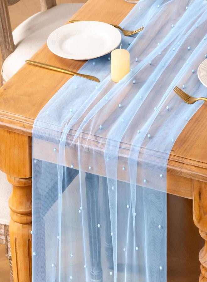 MLMC Light Blue Pearl Table Runner Boho Rustic Tulle Table Runner with Pearls 10ft 29"x120" Cheesecloth Table Decor for Baby Shower Wedding Anniversary Home Decoration - Image 3