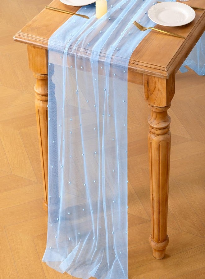 MLMC Light Blue Pearl Table Runner Boho Rustic Tulle Table Runner with Pearls 10ft 29"x120" Cheesecloth Table Decor for Baby Shower Wedding Anniversary Home Decoration - Image 5