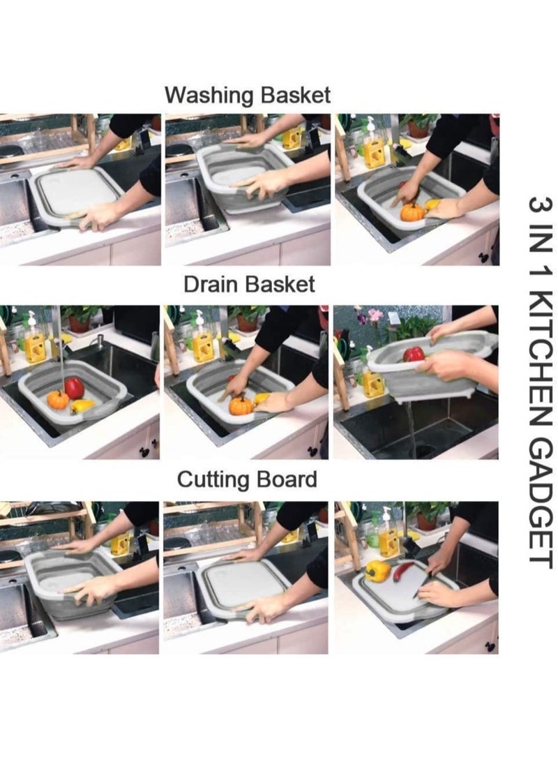 Foldable Multifunction Chopping Board, Collapsible Dish Tub Basin Cutting Board Colander, Vegetable Fruit Wash and Drain Sink Storage Basket, Space Saving for Kitchen Home (Grey) - Image 5