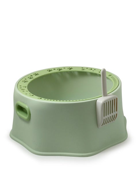 Large Round Cat Litter Box with High Rim, Paw Prints, and Side Handles Durable PP Material with Cleaning Scoop