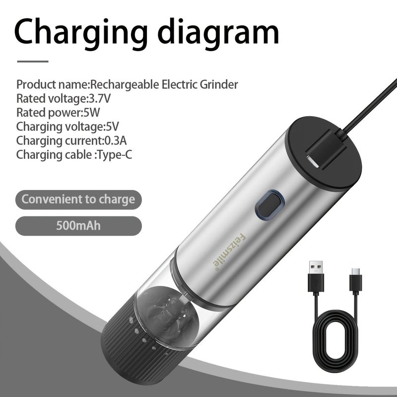 مطحنة فلفل أوتوماتيكية قابلة لإعادة الشحن، ستانلس ستيل أسود، شحن USB، قابلية تعديل درجة الخشونة، تشغيل بيد واحدة، طحن سيراميكي للفلفل وملح البحر والكمون والتوابل - Image 3