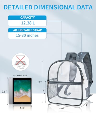 Paxiland Clear Backpack Stadium Approved 12×12×6 with Reinforced and Wider Shoulder Straps, Small Clear Bag for Schools, Concerts, Work, Festivals and Sporting Events - Grey - Image 2