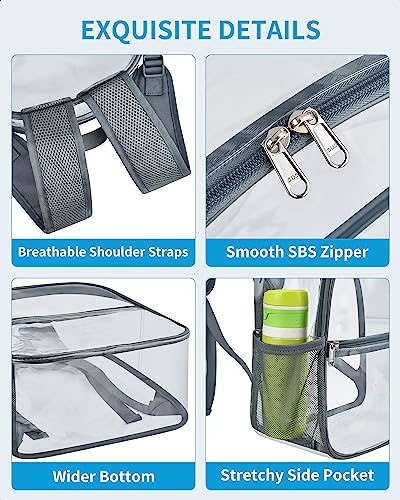 Paxiland Clear Backpack Stadium Approved 12×12×6 with Reinforced and Wider Shoulder Straps, Small Clear Bag for Schools, Concerts, Work, Festivals and Sporting Events - Grey - Image 3