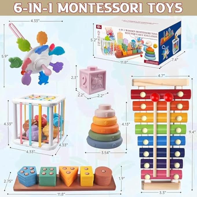 ألعاب مونتيسوري للأطفال من عمر 1 سنة فما فوق - مجموعة أنشطة للأطفال 6 في 1 مع كتل خشبية، إكسيلوفون، فرز الأشكال، ألعاب التكديس، عضاضات - ألعاب تعليمية للأطفال من عمر 6-12-18 شهرًا - Image 3