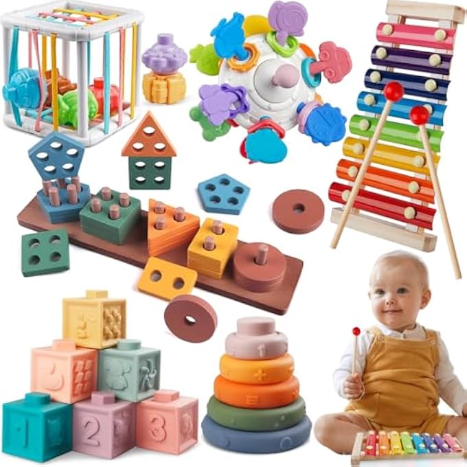 ألعاب مونتيسوري للأطفال من عمر 1 سنة فما فوق - مجموعة أنشطة للأطفال 6 في 1 مع كتل خشبية، إكسيلوفون، فرز الأشكال، ألعاب التكديس، عضاضات - ألعاب تعليمية للأطفال من عمر 6-12-18 شهرًا - Image 1