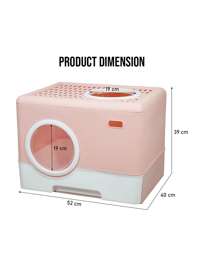 NNC PETS Cat little box with pull-out drawer, Sand filter and Litter scoop, 52 cm Cat toilet with Front entry and Top exit, Fully enclosed, and Anti-splashing litter box for indoor cats, Foldable cat toilet (Pink) - Image 2