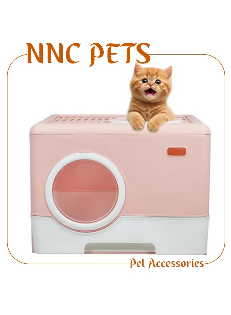 NNC PETS Cat little box with pull-out drawer, Sand filter and Litter scoop, 52 cm Cat toilet with Front entry and Top exit, Fully enclosed, and Anti-splashing litter box for indoor cats, Foldable cat toilet (Pink) - Image 1
