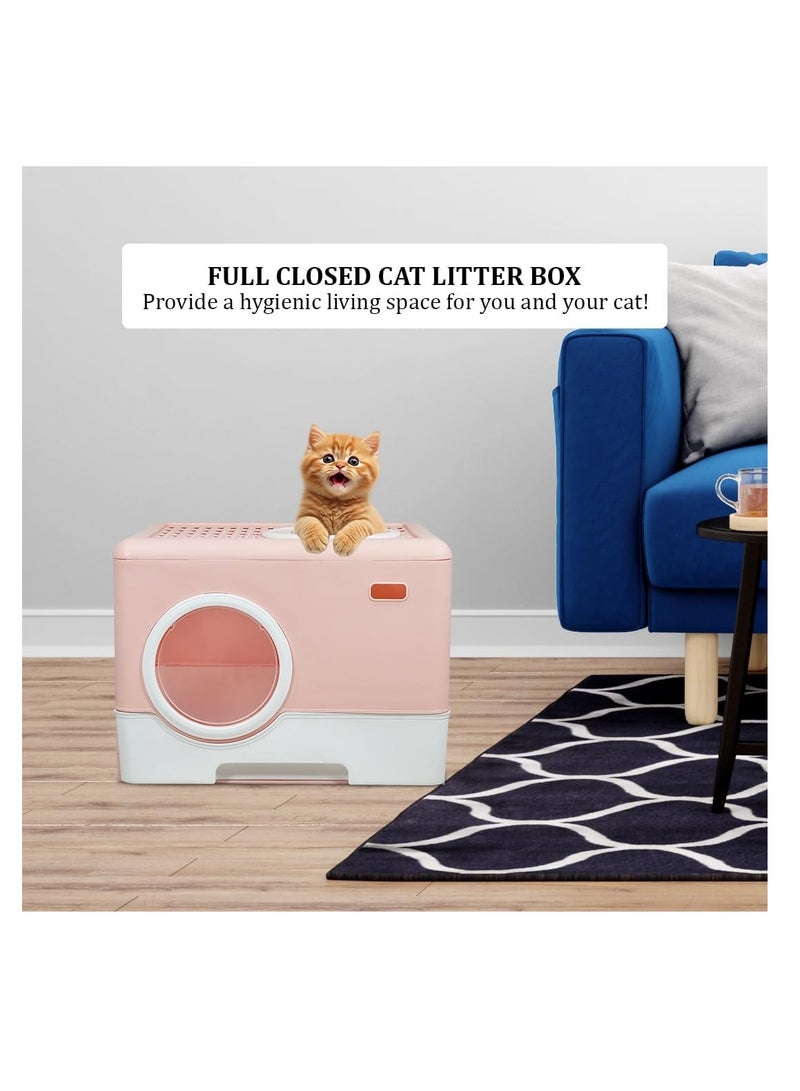 NNC PETS Cat little box with pull-out drawer, Sand filter and Litter scoop, 52 cm Cat toilet with Front entry and Top exit, Fully enclosed, and Anti-splashing litter box for indoor cats, Foldable cat toilet (Pink) - Image 5