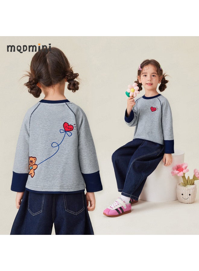 Mqdmini Girls' Long Sleeve T-shirt 5a Antibacterial Children's Tee Sweet Versatile Base Layer Top Heart Dog