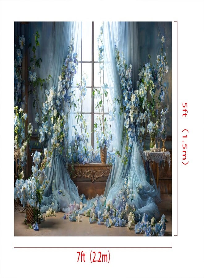 Kate Blue Flower Curtain Window Room Backdrop Romantic Retro Wedding Birthday Background for Photography 7x5ft - Image 2