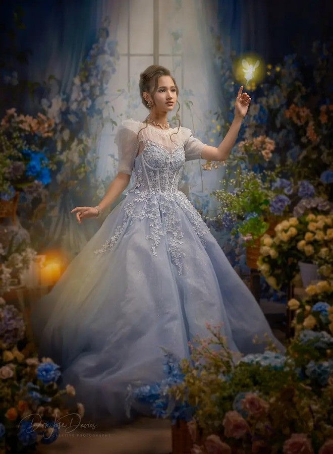 Kate Blue Flower Curtain Window Room Backdrop Romantic Retro Wedding Birthday Background for Photography 7x5ft - Image 3
