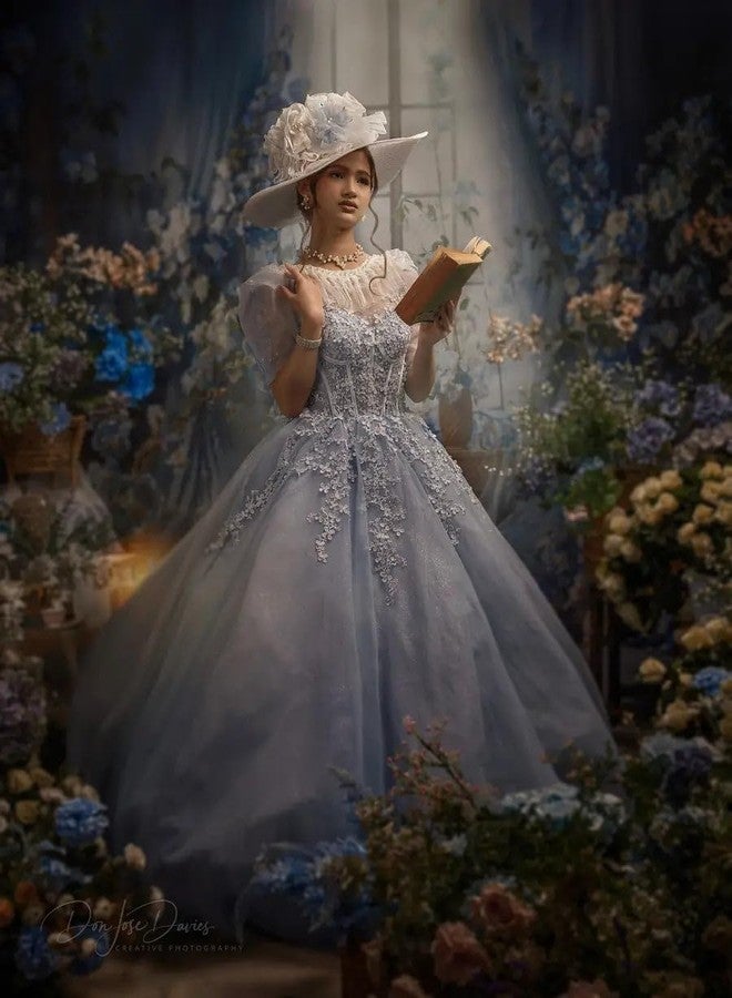 Kate Blue Flower Curtain Window Room Backdrop Romantic Retro Wedding Birthday Background for Photography 7x5ft - Image 5