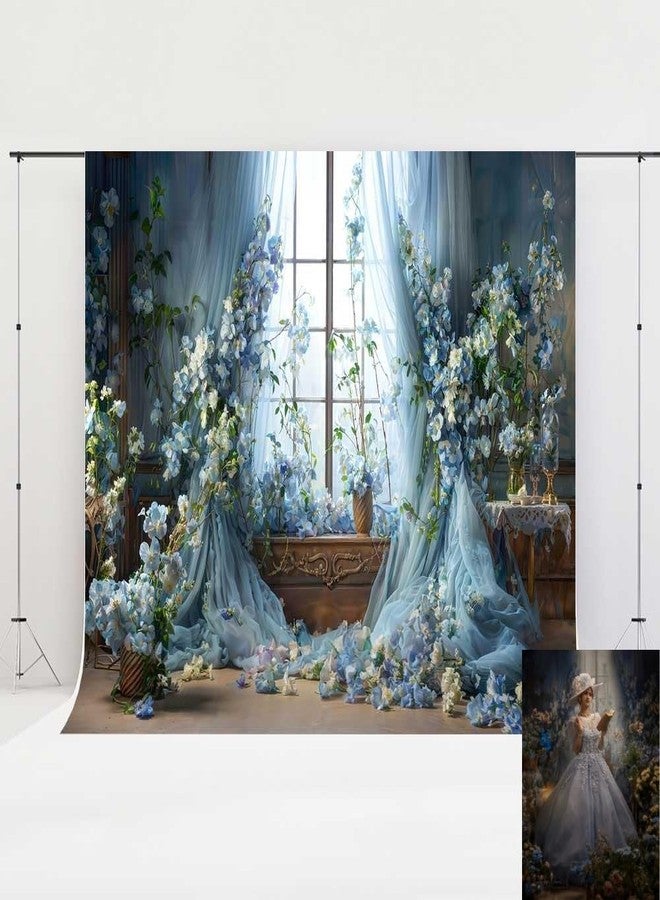 Kate Blue Flower Curtain Window Room Backdrop Romantic Retro Wedding Birthday Background for Photography 7x5ft - Image 1
