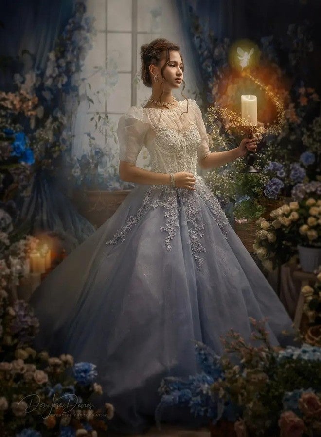 Kate Blue Flower Curtain Window Room Backdrop Romantic Retro Wedding Birthday Background for Photography 7x5ft - Image 4