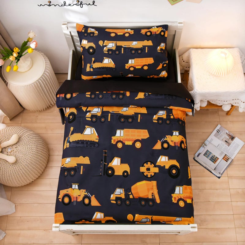 NTBED 4 Pieces Construction Toddler Bedding Set for Baby Boys Truck Vehicles Excavator Cars Printed Includes Comforter Flat Sheet Fitted Sheet and PillowcaseBlack