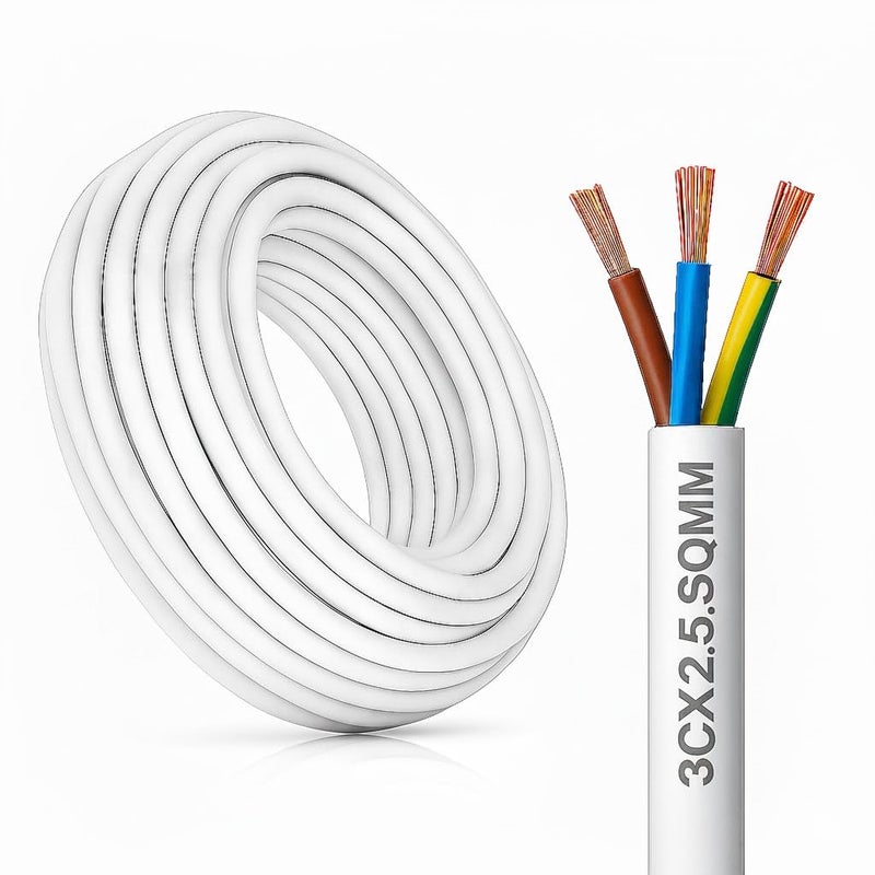 U.E Flexible Wire – 3 Core x 2.5 sqmm – 70°C – H05VV-F 100% Copper – White – Durable Electrical Cable (15 METER) - Image 1