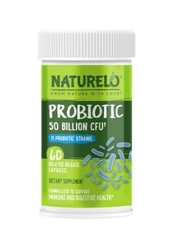 NATURELO Premium Supplements Probiotic Supplement 50 Billion CFU 11 Strains One Daily Helps Support Digestive & Immune Health Delayed Release No Refrigeration Needed  60 Vegan Capsules  - Image 1