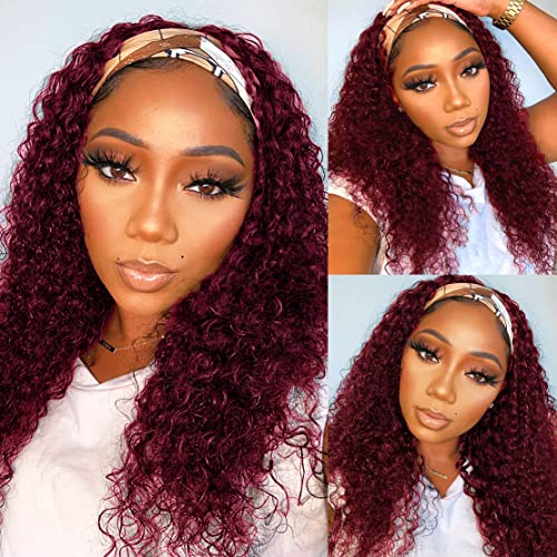 Celiarita Red Burgundy Headband Wigs Human Hair Deep Wave 18 Inch None Lace Front Wigs Curly Human Hair Headband Wig Glueless Machine Made Deep Wave 99J Headband Wig for Black Women 150 Density - Image 1