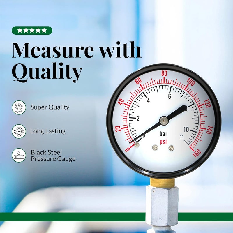 Supply Giant عداد ضغط الماء 2.5 بوصة من Supply Giant 0-160 PSI، عداد ضغط فلتر حمام السباحة من الفولاذ الأسود بدقة +/-3-2-3%، عداد ضغط الزيت والهواء - Image 2