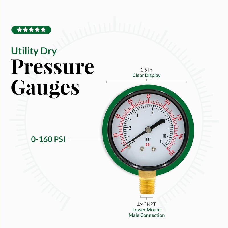 Supply Giant عداد ضغط الماء 2.5 بوصة من Supply Giant 0-160 PSI، عداد ضغط فلتر حمام السباحة من الفولاذ الأسود بدقة +/-3-2-3%، عداد ضغط الزيت والهواء - Image 3