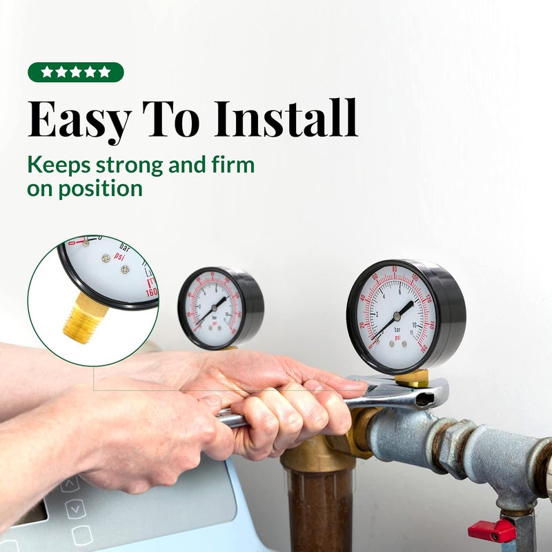 Supply Giant عداد ضغط الماء 2.5 بوصة من Supply Giant 0-160 PSI، عداد ضغط فلتر حمام السباحة من الفولاذ الأسود بدقة +/-3-2-3%، عداد ضغط الزيت والهواء - Image 5