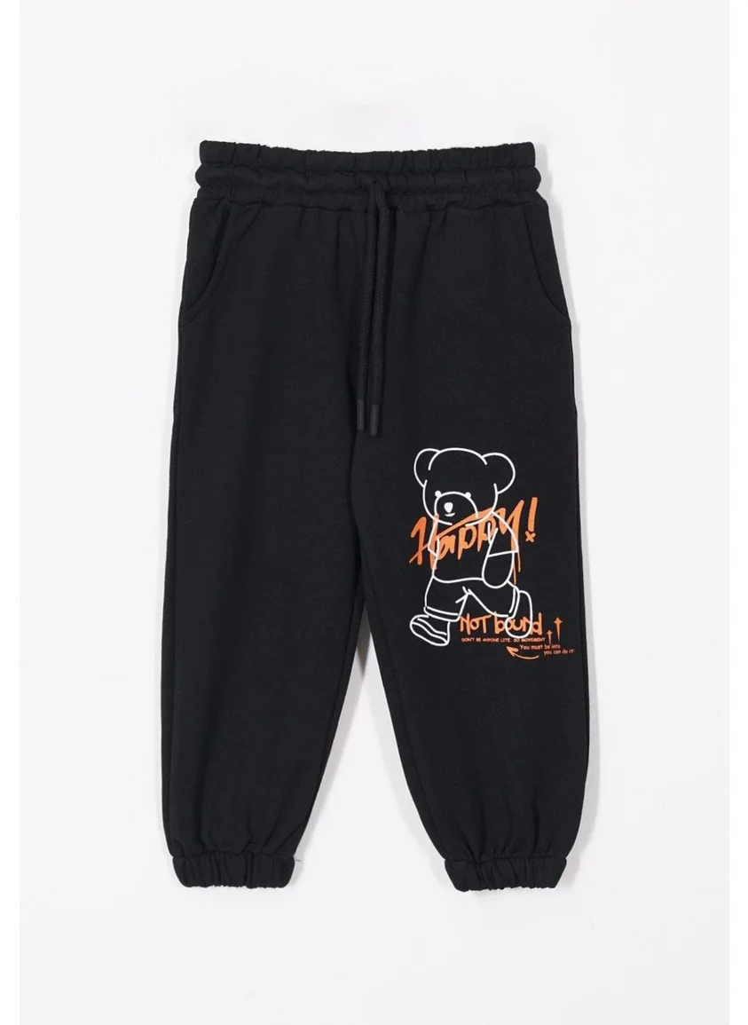Zepkids Happy Bear Printed Black Color Boy Tracksuit Bottom