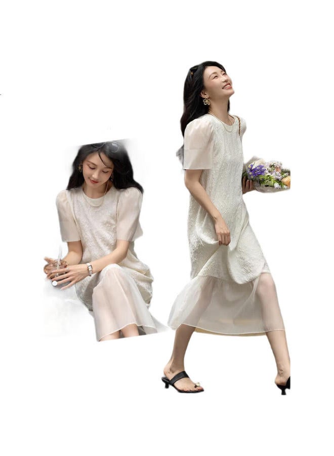 dme [Opening Lady'S Daily Wear] Summer Round Neck Elegant Jacquard Patchwork Puff Sleeve Straight Bodycon Dress - Image 1