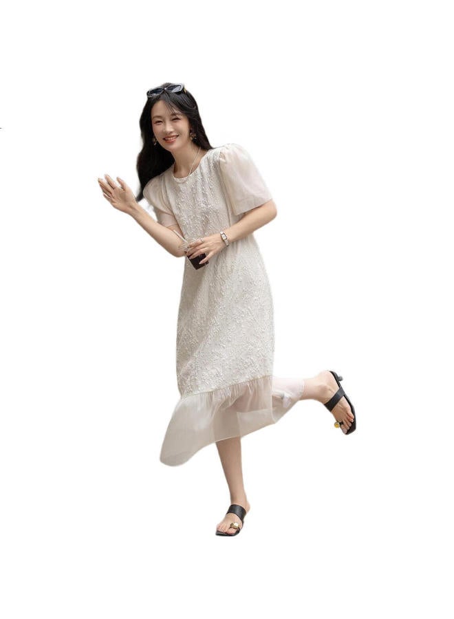 dme [Opening Lady'S Daily Wear] Summer Round Neck Elegant Jacquard Patchwork Puff Sleeve Straight Bodycon Dress - Image 3