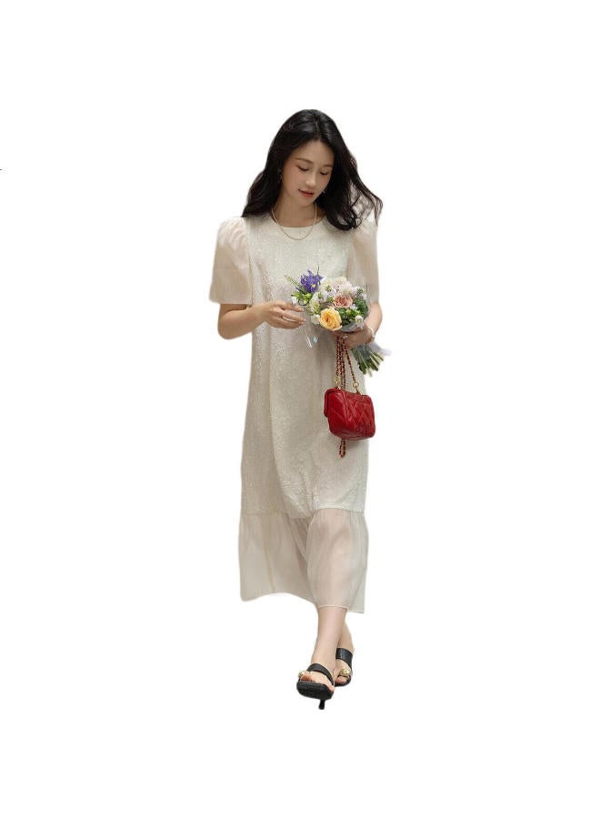 dme [Opening Lady'S Daily Wear] Summer Round Neck Elegant Jacquard Patchwork Puff Sleeve Straight Bodycon Dress - Image 2