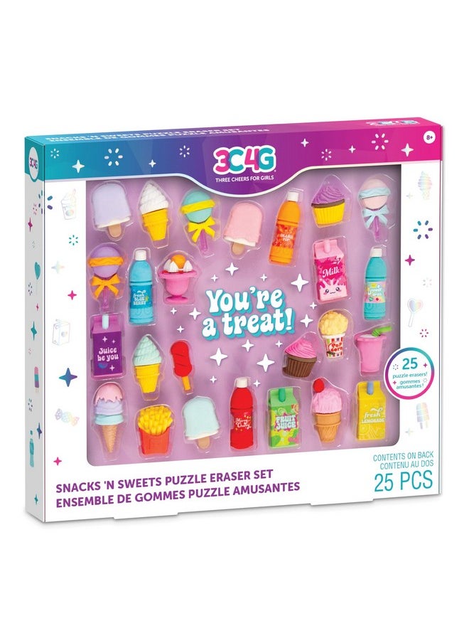 Make It Real Make It Real 3C4G: Snacks 'N Sweets Puzzle Eraser Set - 25 Food-Shaped Puzzle Erasers, Pull Apart & Put Back Together, Three Cheers for Girls, Kids Ages 8+  - Image 1