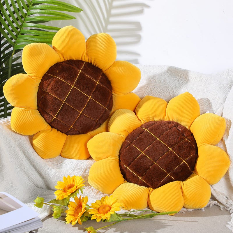 كوم coume 2 قطع 3D عباد الشمس زهرة الأرضية وسادة وسادة الجلوس وسادة عباد الشمس رمي وسادة صفراء عباد الشمس على شكل منصات زخرفية أفخم لسرير سيارة أريكة كرسي أريكة مكتب فتيات (19 بوصة) - Image 1